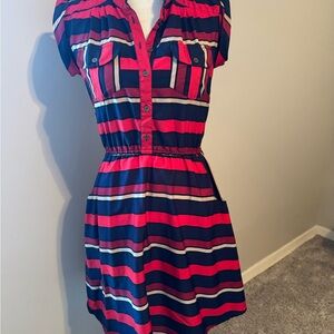 Striped Shirt Dress w/ POCKETS | Navy, Red, Burgundy & Cream| 100% polyester